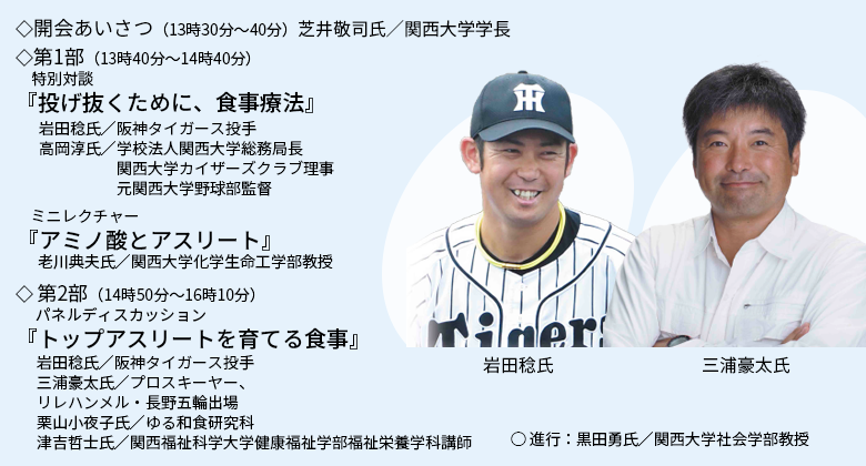 ◇開会あいさつ（13時30分～40分）芝井敬司氏／関西大学学長 ◇第1部（13時40分～14時40分） 特別対談 『投げ抜くために、食事療法』 岩田稔氏／阪神タイガース投手 高岡淳氏／学校法人関西大学総務局長 関西大学カイザーズクラブ理事 元関西大学野球部監督 ミニレクチャー 『アミノ酸とアスリート』 老川典夫氏／関西大学化学生命工学部教授 ◇第2部（14時50分～16時10分） パネルディスカッション 『トップアスリートを育てる食事』 岩田稔氏／阪神タイガース投手 三浦豪太氏／プロスキーヤー、リレハンメル・長野五輪出場 栗山小夜子氏／ゆる和食研究科 津吉哲士氏／関西福祉科学大学健康福祉学部福祉栄養学科講師